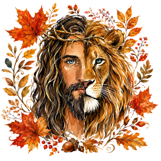 Jesus and Lion of Judah Half Face Fall Leaves Graphic