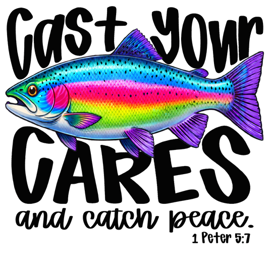 Cast Your Cares and Catch Peace Colorful Fish Graphic