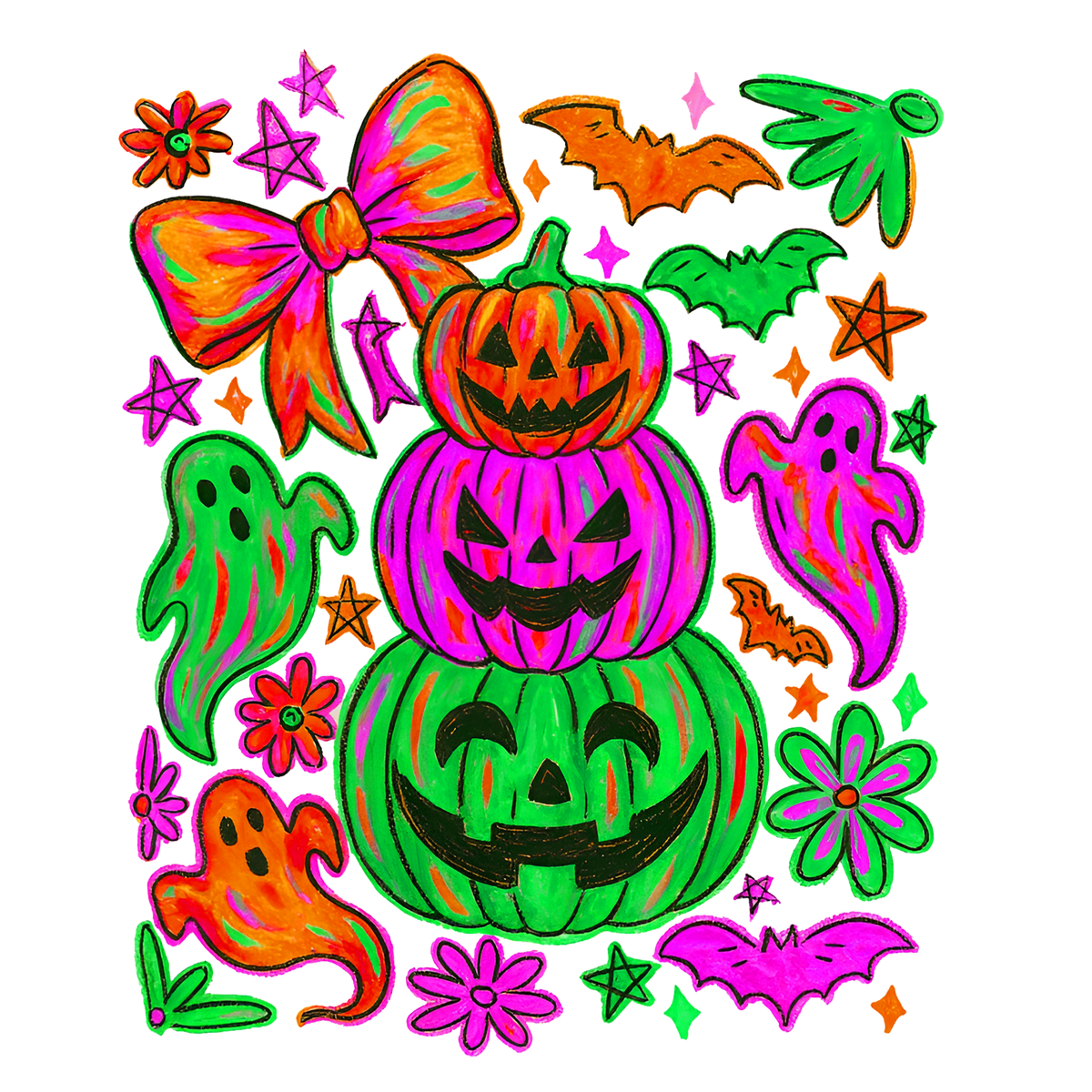 Stacked Pumpkins Ghost Bat & Bow Halloween Graphic